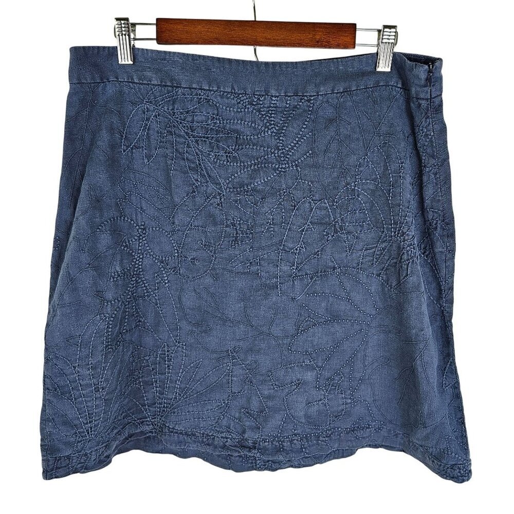 Tommy Bahama Skirt Size 12 Embroidered100% Linen  Navy Blue A-Line‎